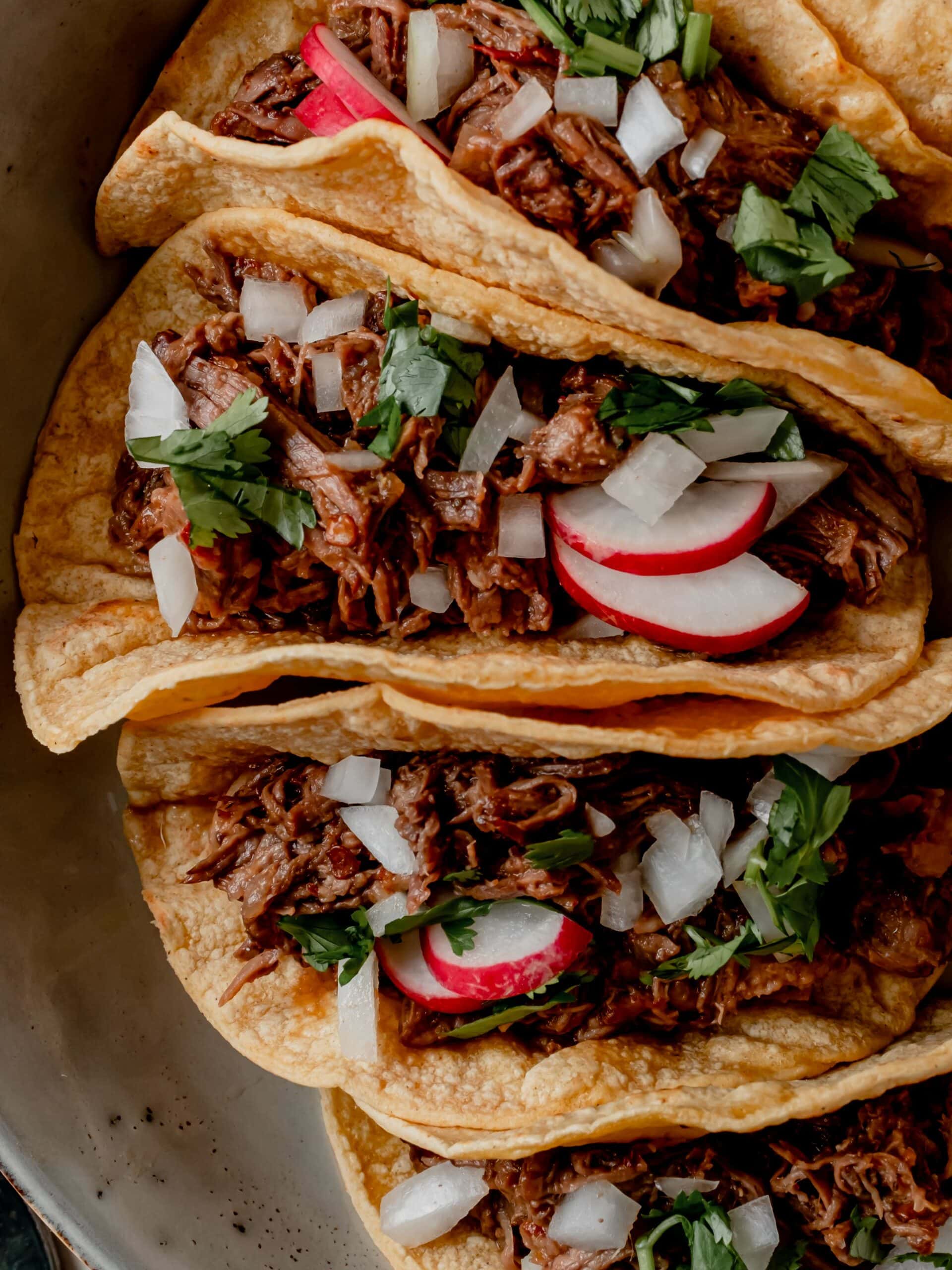 Shredded barbacoa beef in corn taco shells with diced onion, cilantro and radishes.