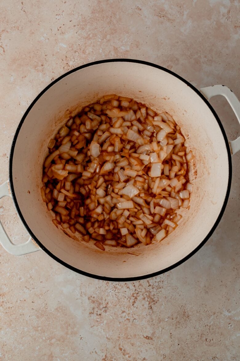 Sauteed diced onions in dutch oven.