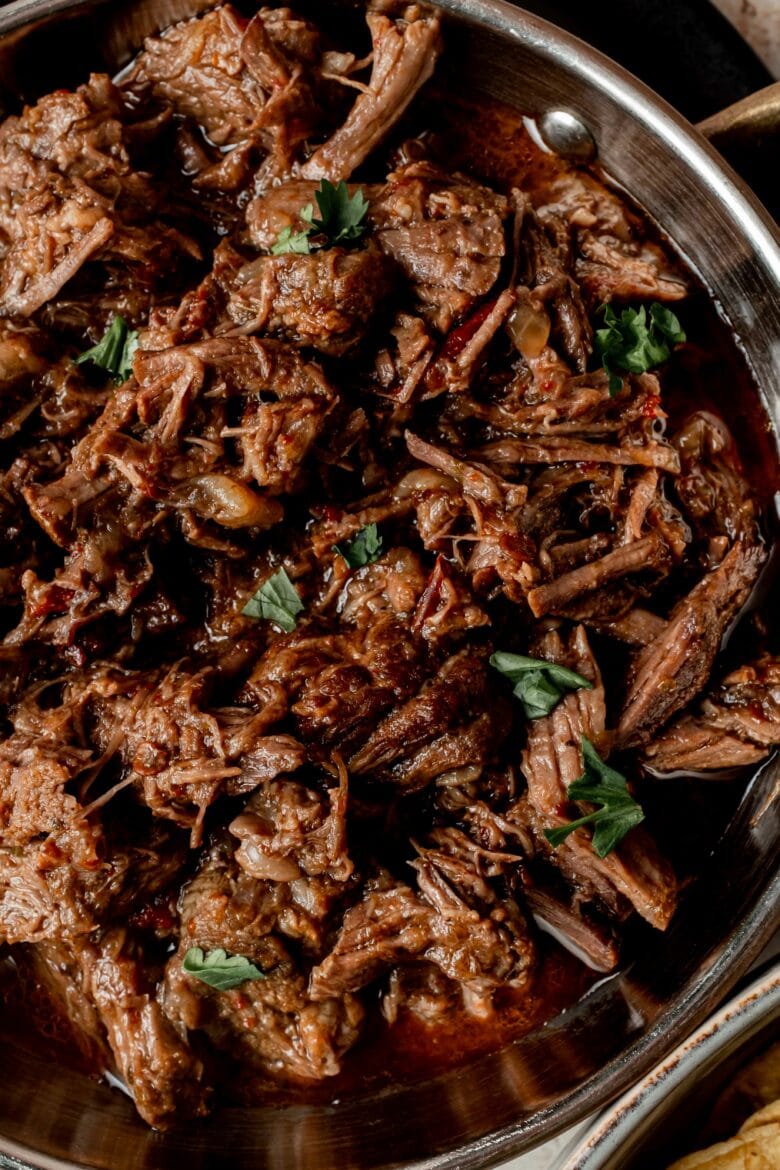 Close up of savory shredded barbacoa.