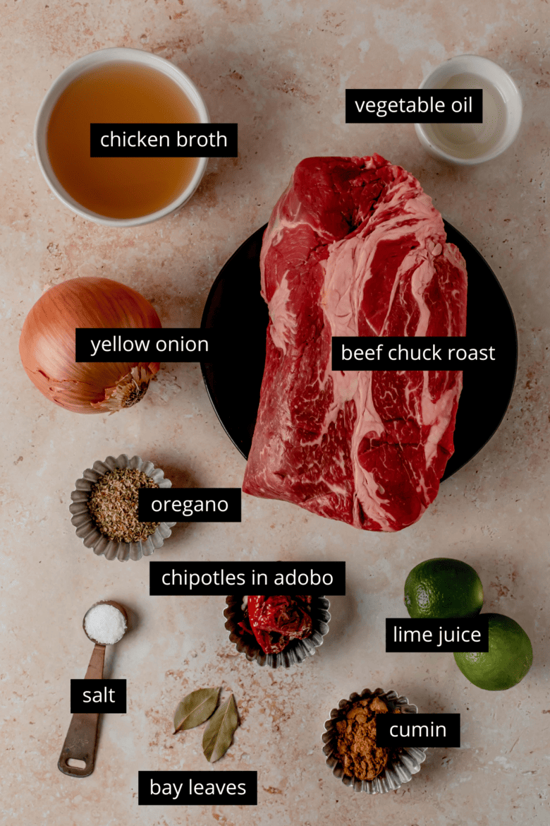 Ingredients to make barbacoa with beef chuck roast.
