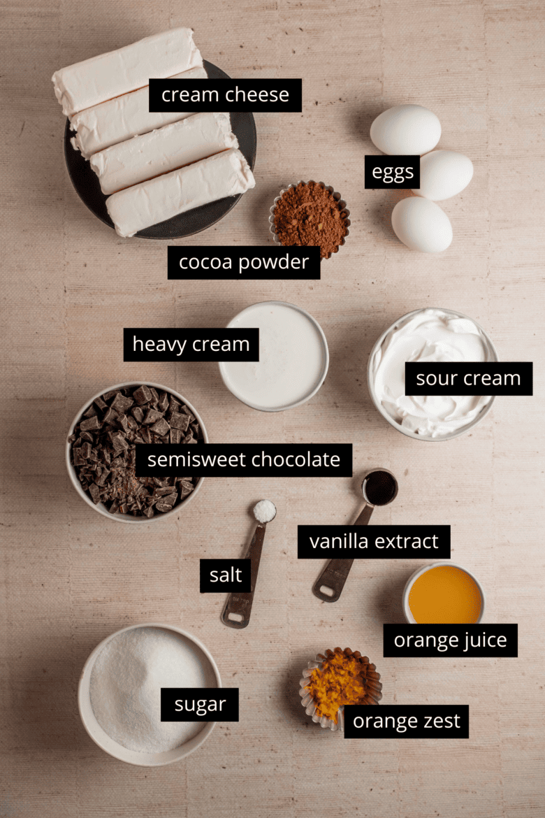 Ingredients to make chocolate orange cheesecake.