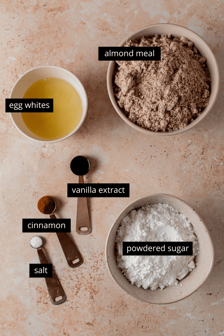 Measured ingredients to make Zimtsterne.