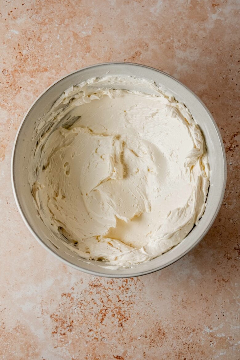 Softened cream cheese in mixing bowl.