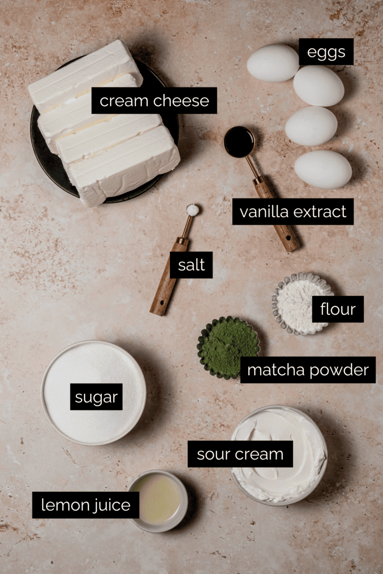 Ingredients to make matcha cheesecake filling.