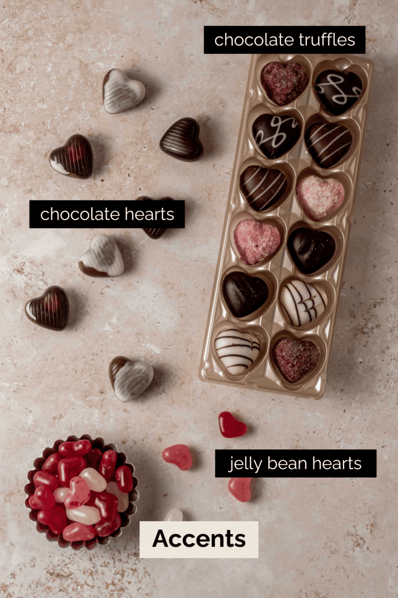 Chocolate hearts, chocolate truffles and jelly bean hearts.