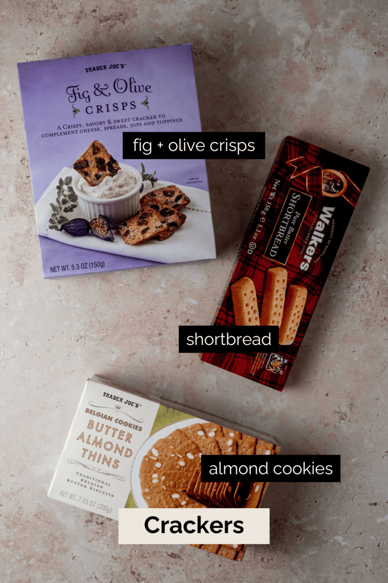 Fig and olive crisps, shortbread cookies and almond cookie thins.