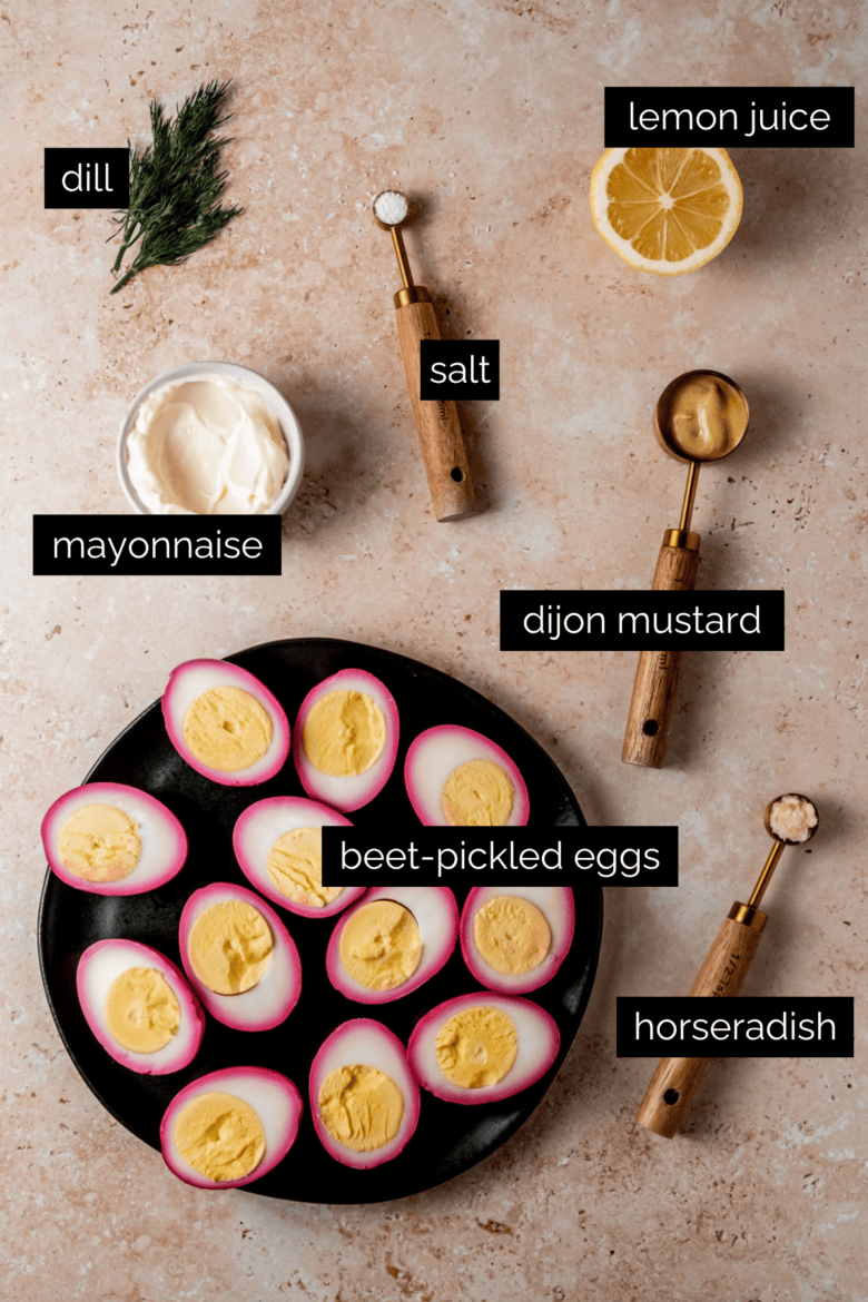 Measured ingredients to make beet-pickled deviled eggs