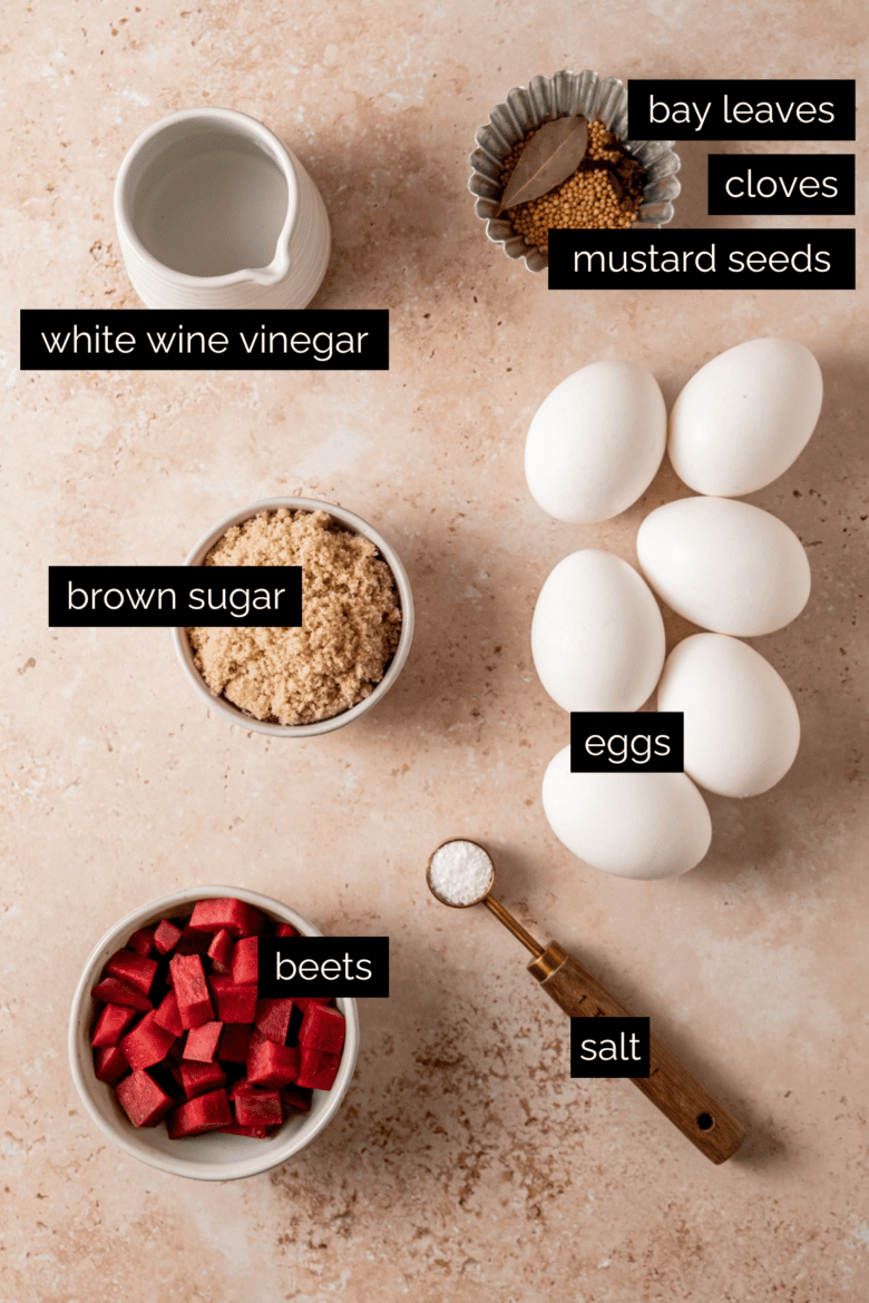 Measured ingredients to make beet-pickled eggs.