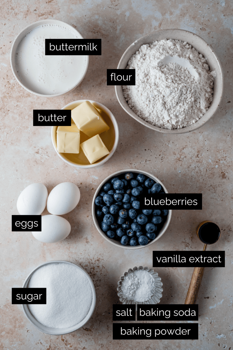 Measured ingredients to make blueberry muffins.