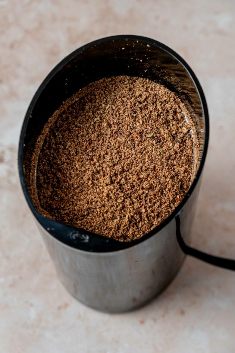 Ground spices in spice grinder.