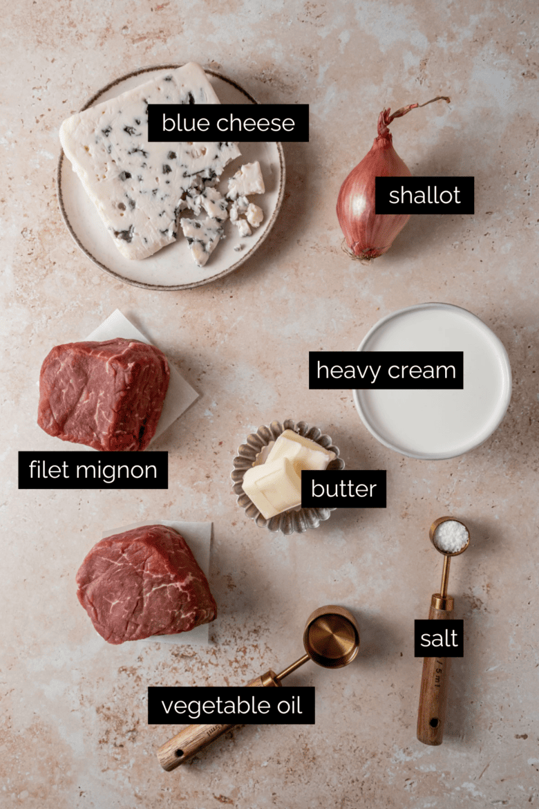 Measured ingredients for filet mignon and blue cheese sauce.