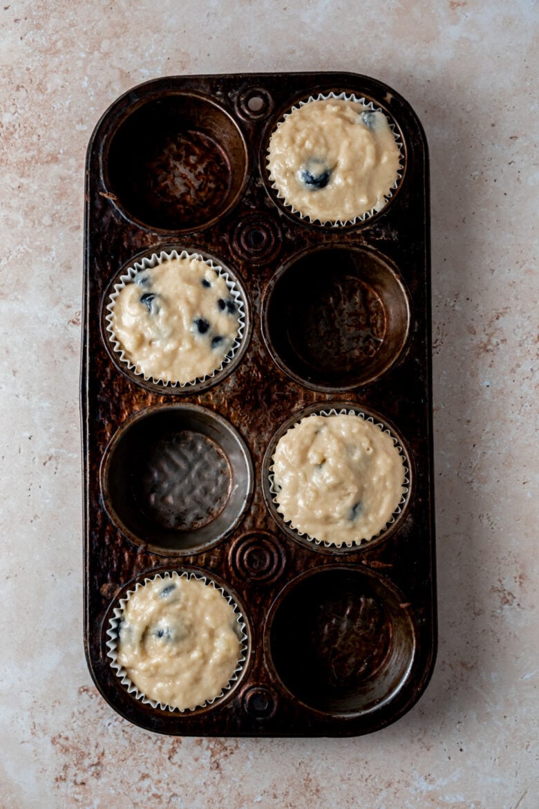Muffin batter in tin.