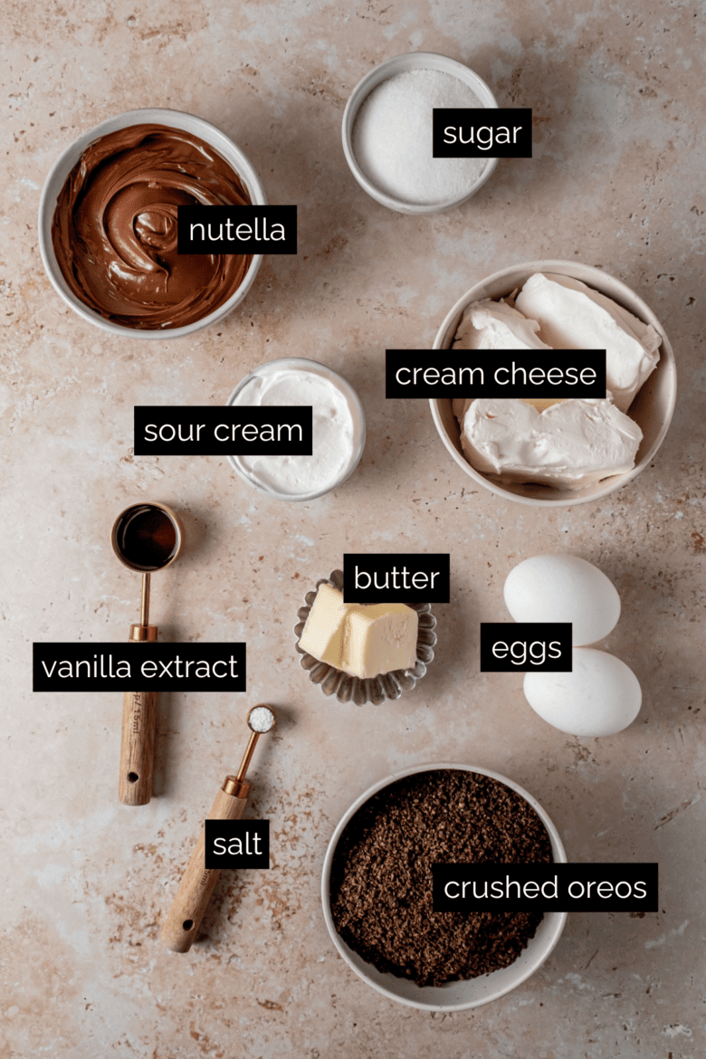 Measured ingredients for Nutella cheesecake cupcakes.