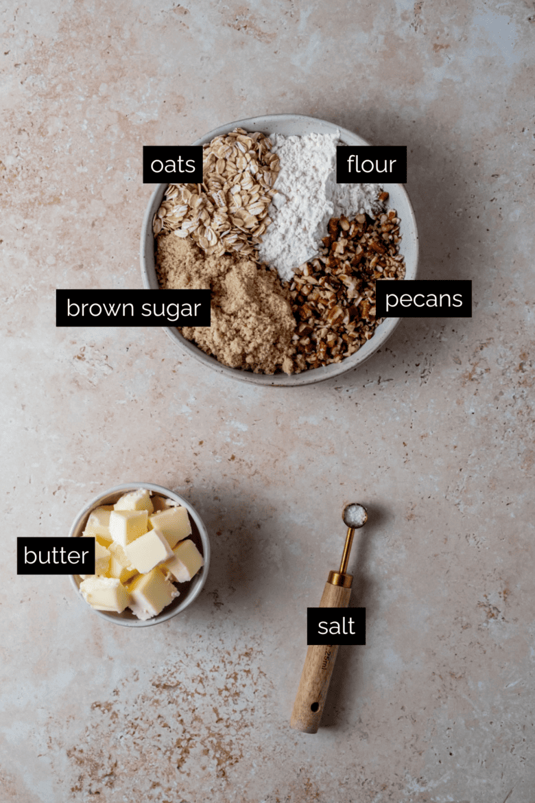 Measured ingredients to make pecan and oat streusel topping.