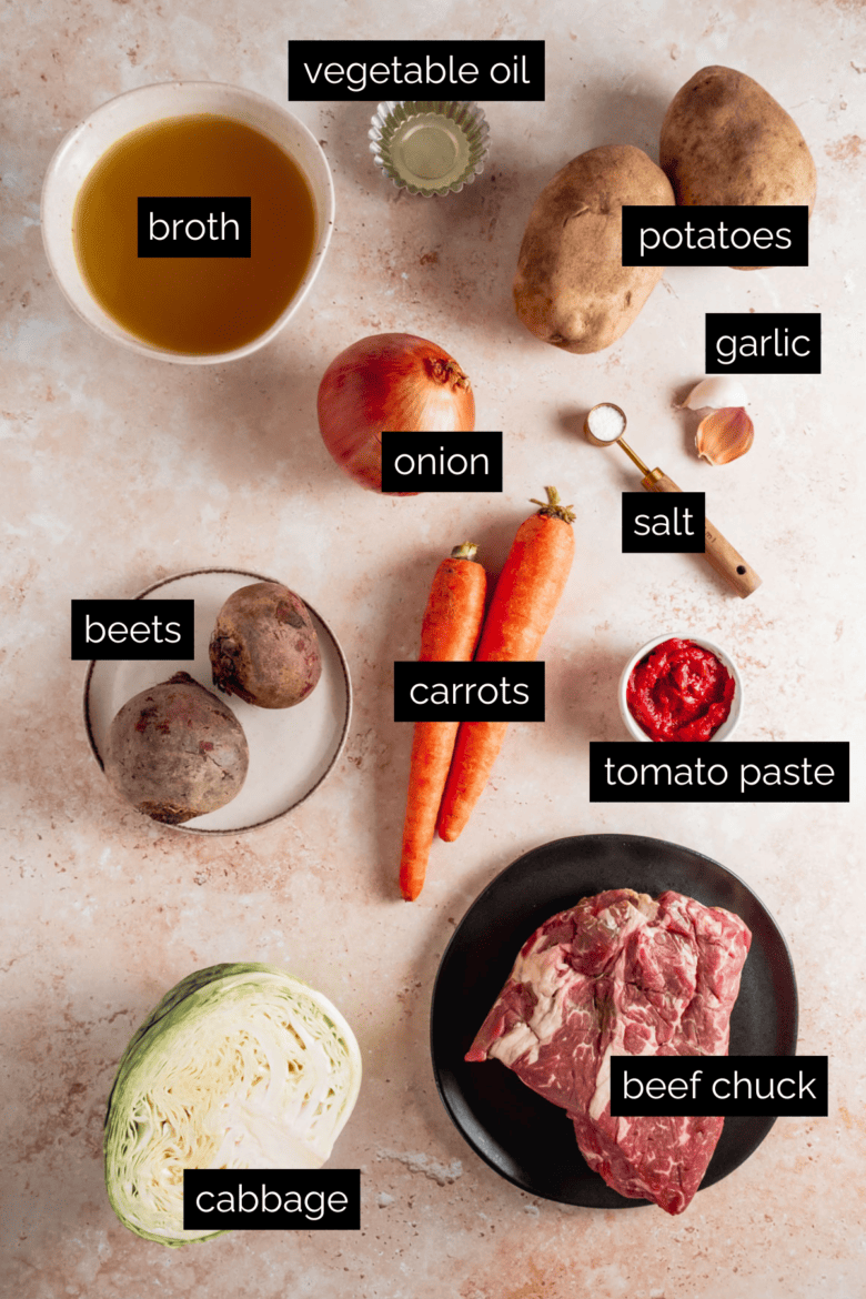 Measured ingredients to make borscht with meat.