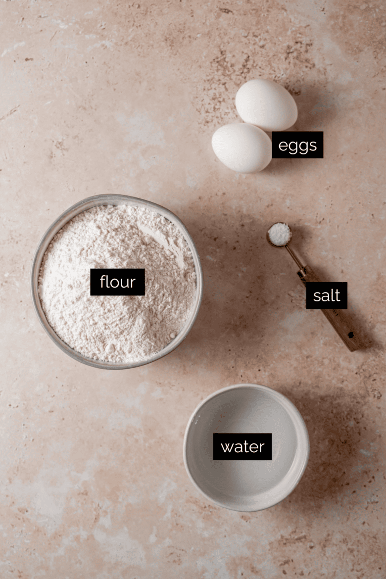 Measured ingredients to make pelmeni dough.