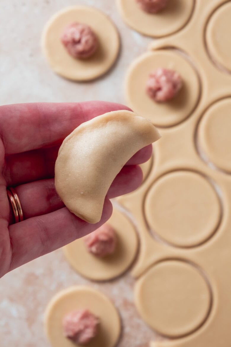 Fold the filled dumpling in half and pinch to close.