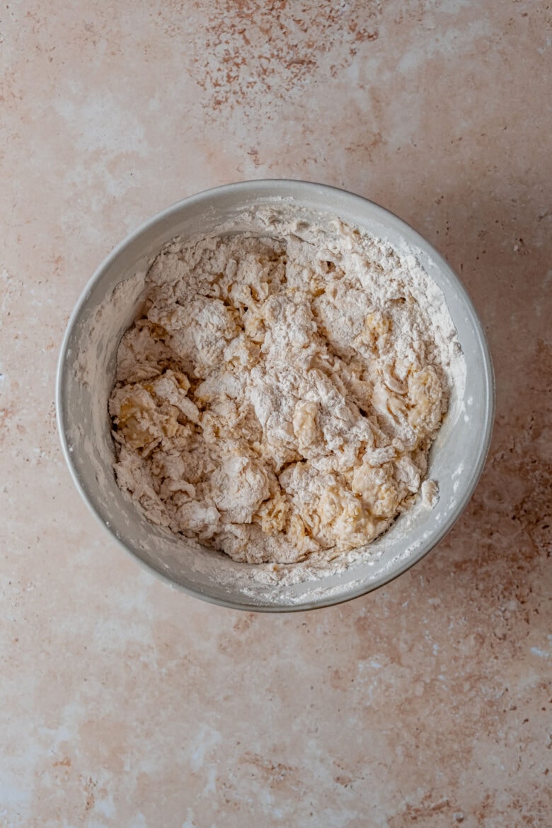 Dough in mixing bowl before kneading.
