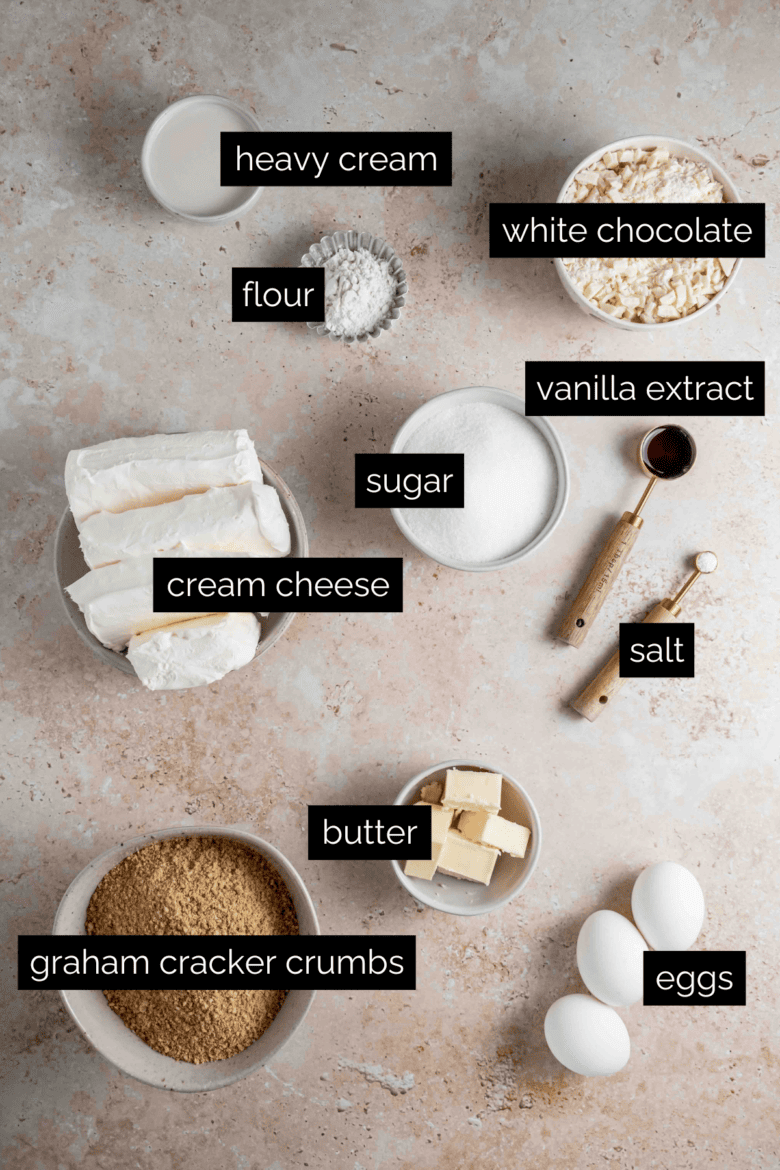 Measured ingredients to make white chocolate cheesecake.