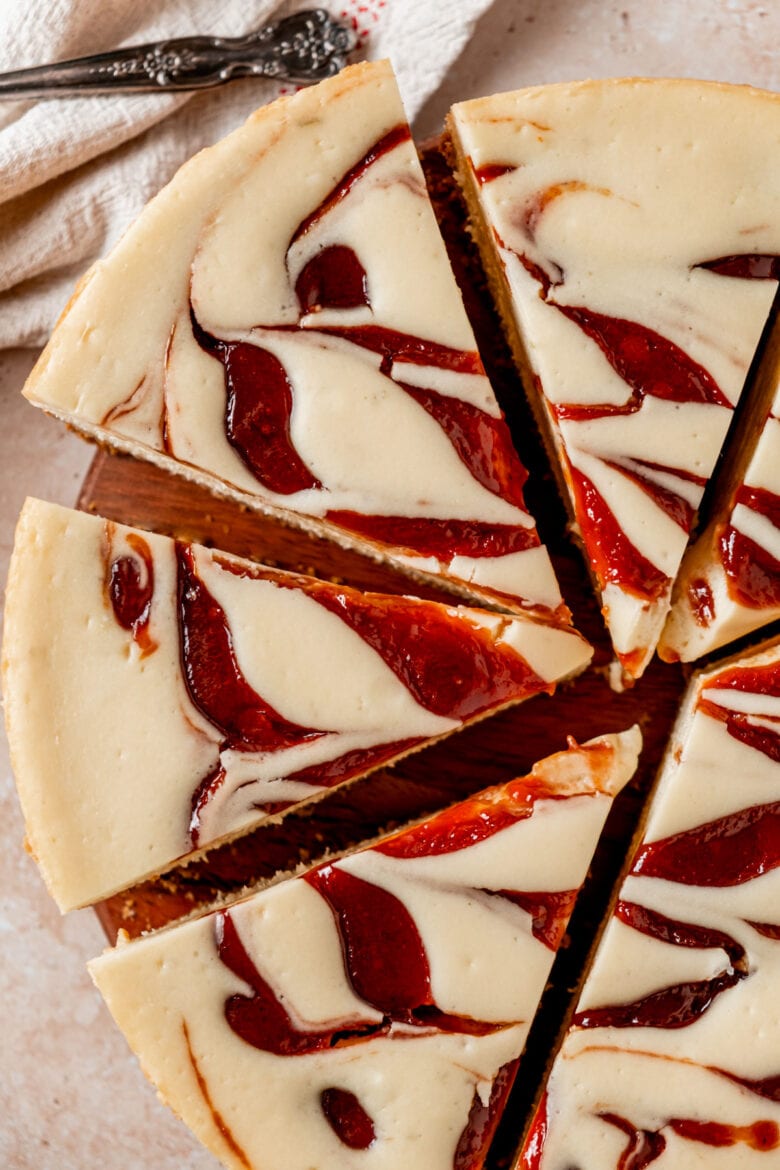 Baked cheesecake with swirl of sweet guava paste throughout.