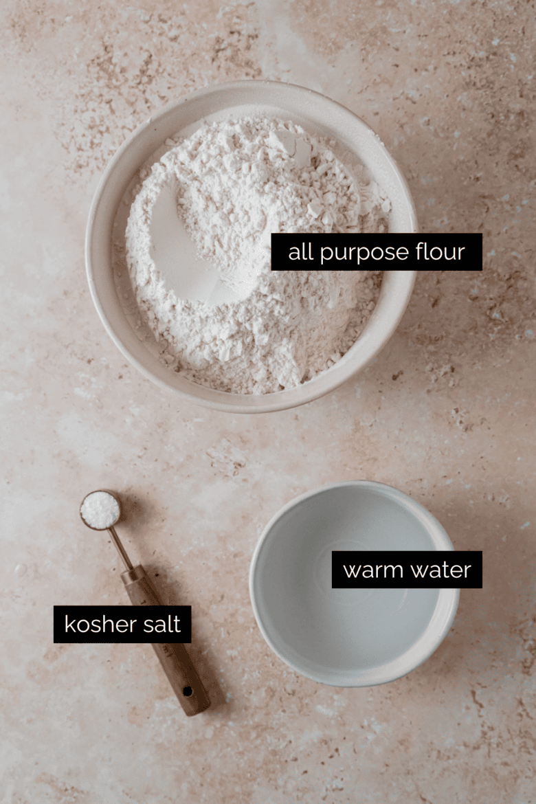 Flour, water and salt to make Khinkali dough.