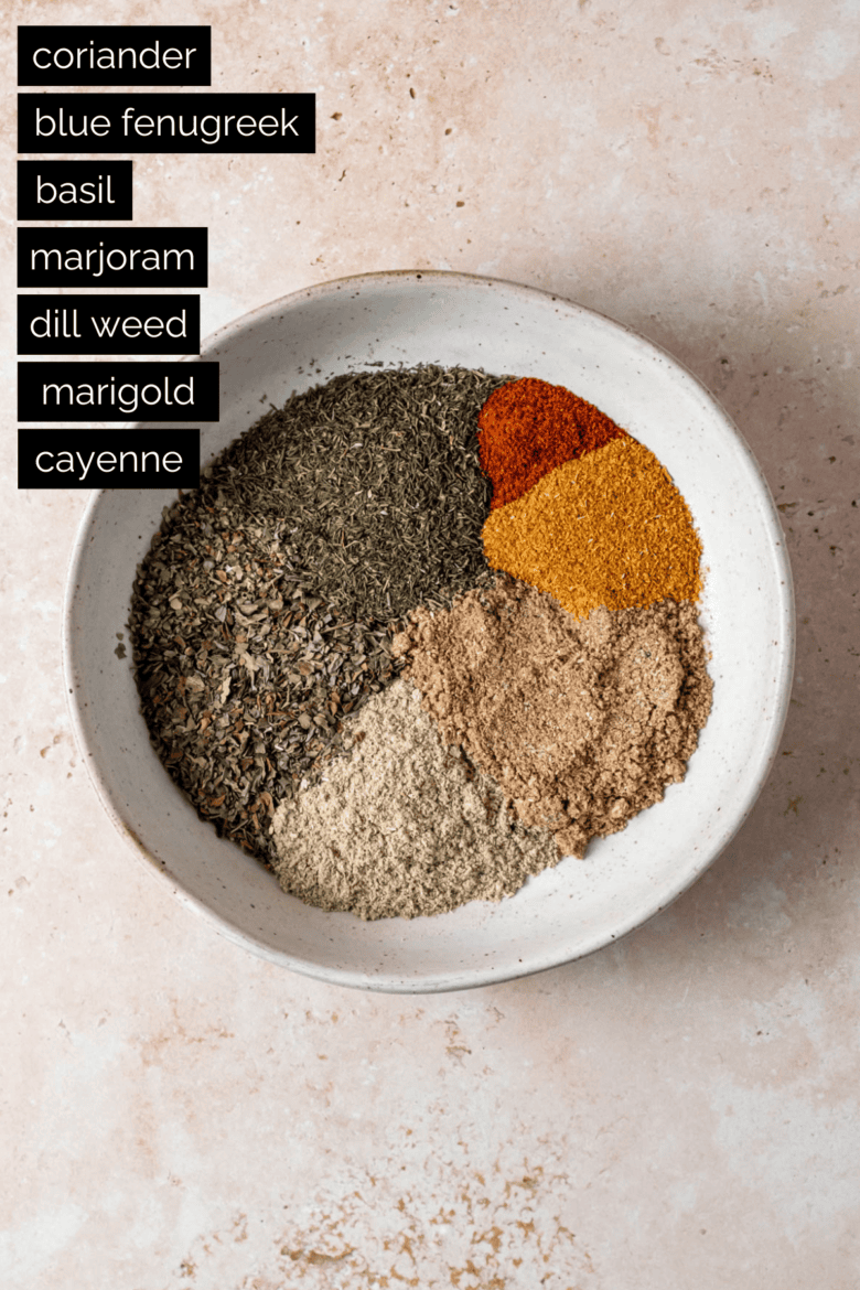 Ground spices in small dish before mixing.