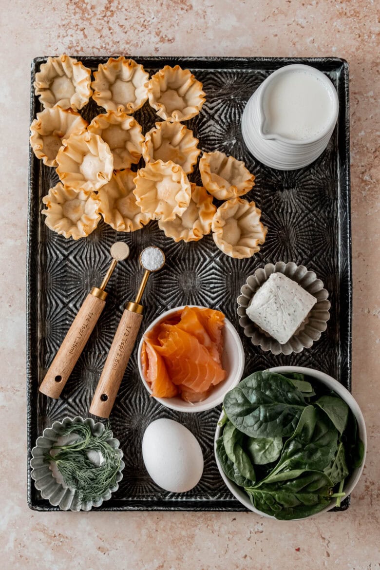 Measured ingredients to make smoked salmon phyllo cups.