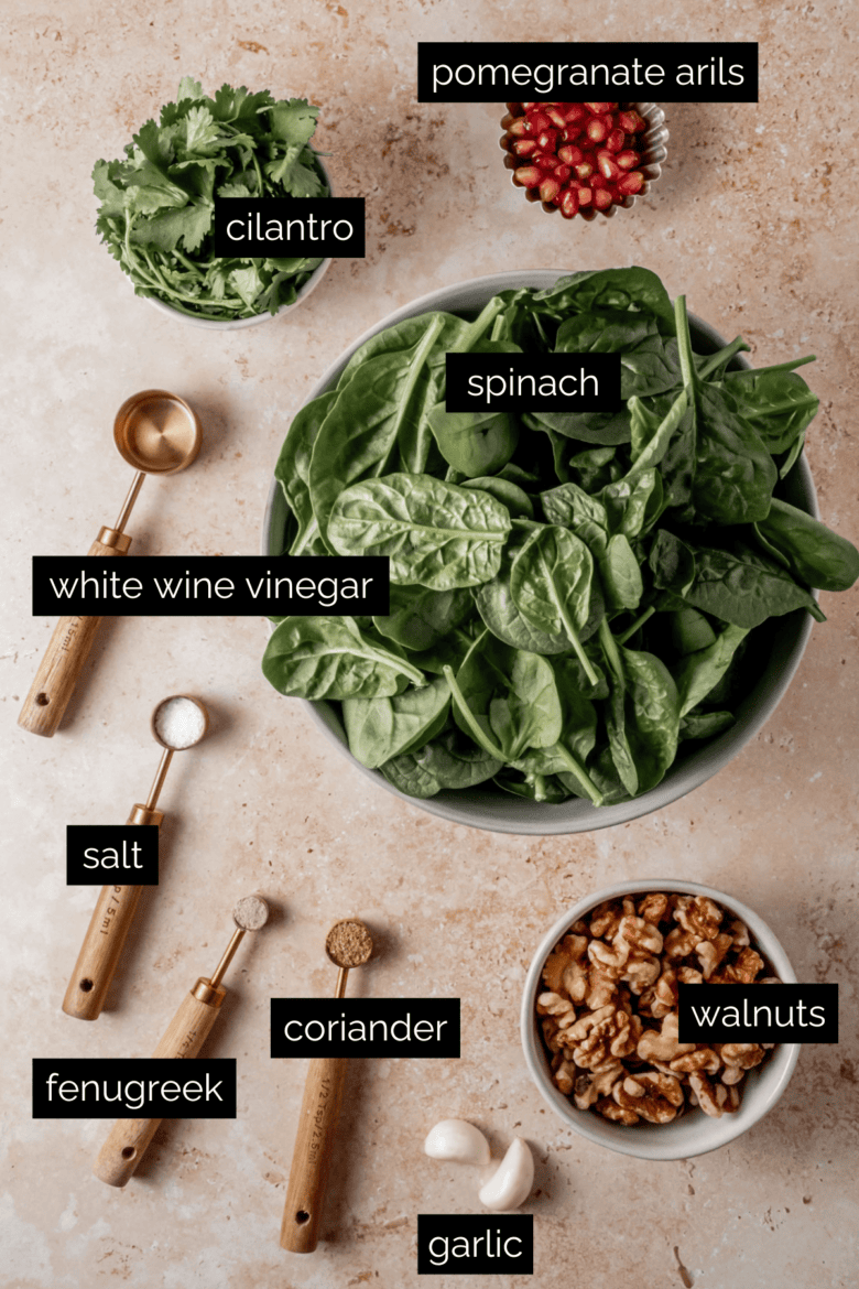 Measured ingredients to make spinach Pkhali.