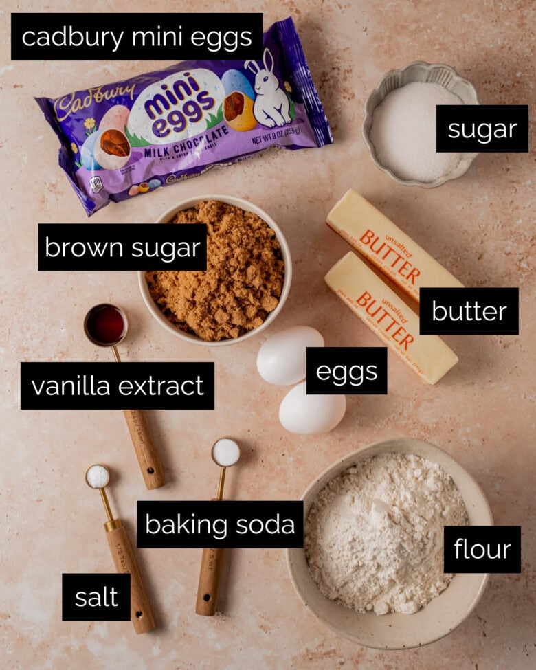 Measured ingredients to make Cadbury mini egg cookies.