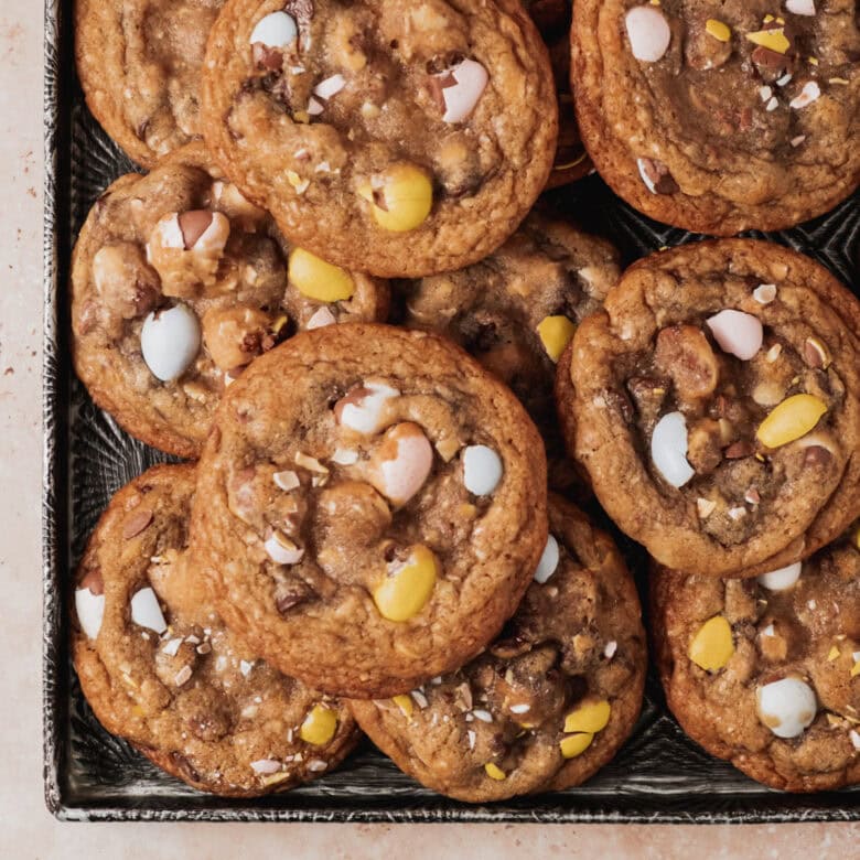 Baked golden brown cookies on pan.