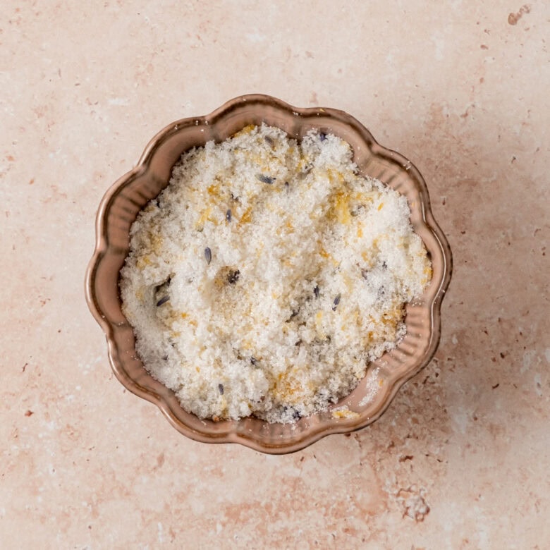 Sugar mixed with lavender and lemon zest.