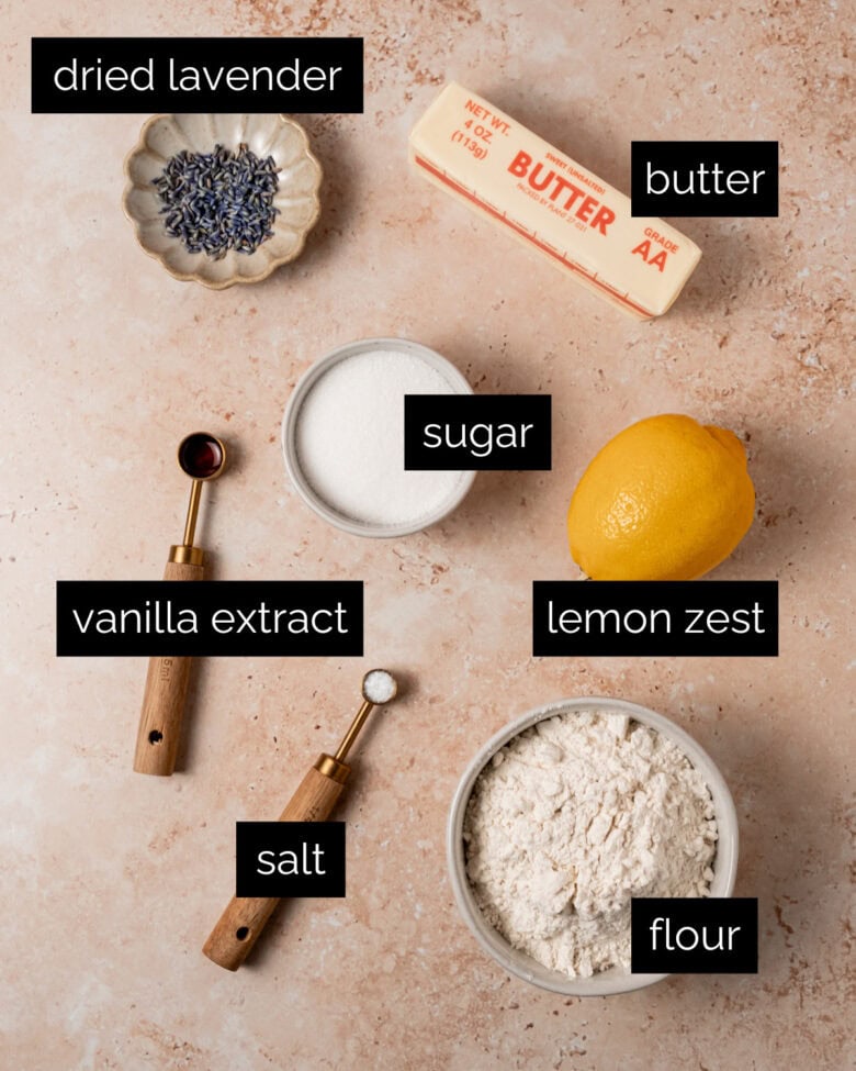 Measured ingredients to make lavender cookies.