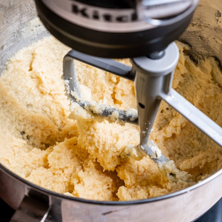 Creamed butter and sugar with eggs.