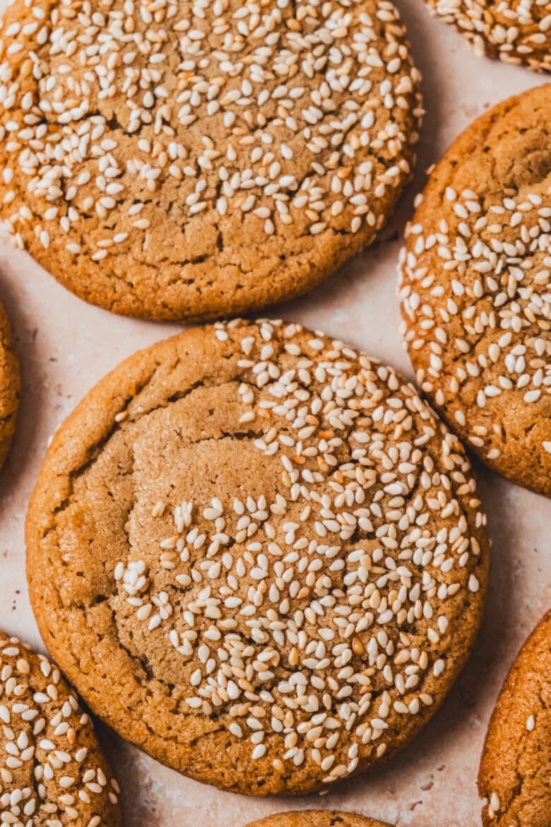 Honey tahini cookies with swirls of toasted sesame seeds.