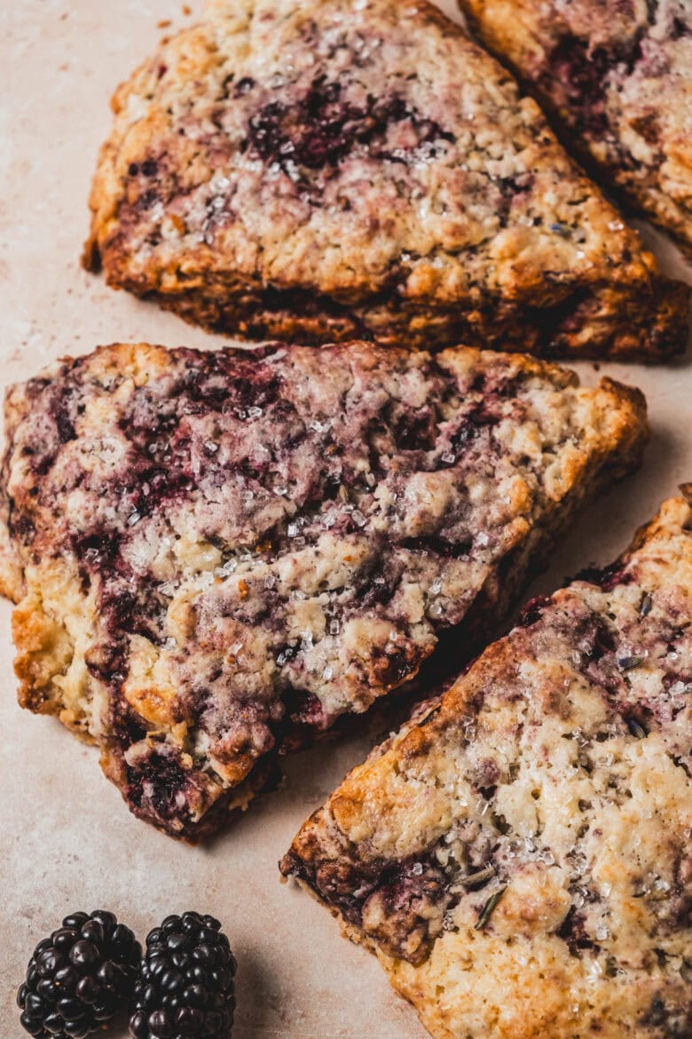 Vibrant purple blackberry lavender scones.